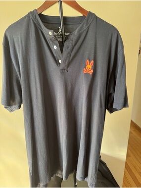 Psycho Bunny Black Short-Sleeve Henley with Orange Bunny Patch